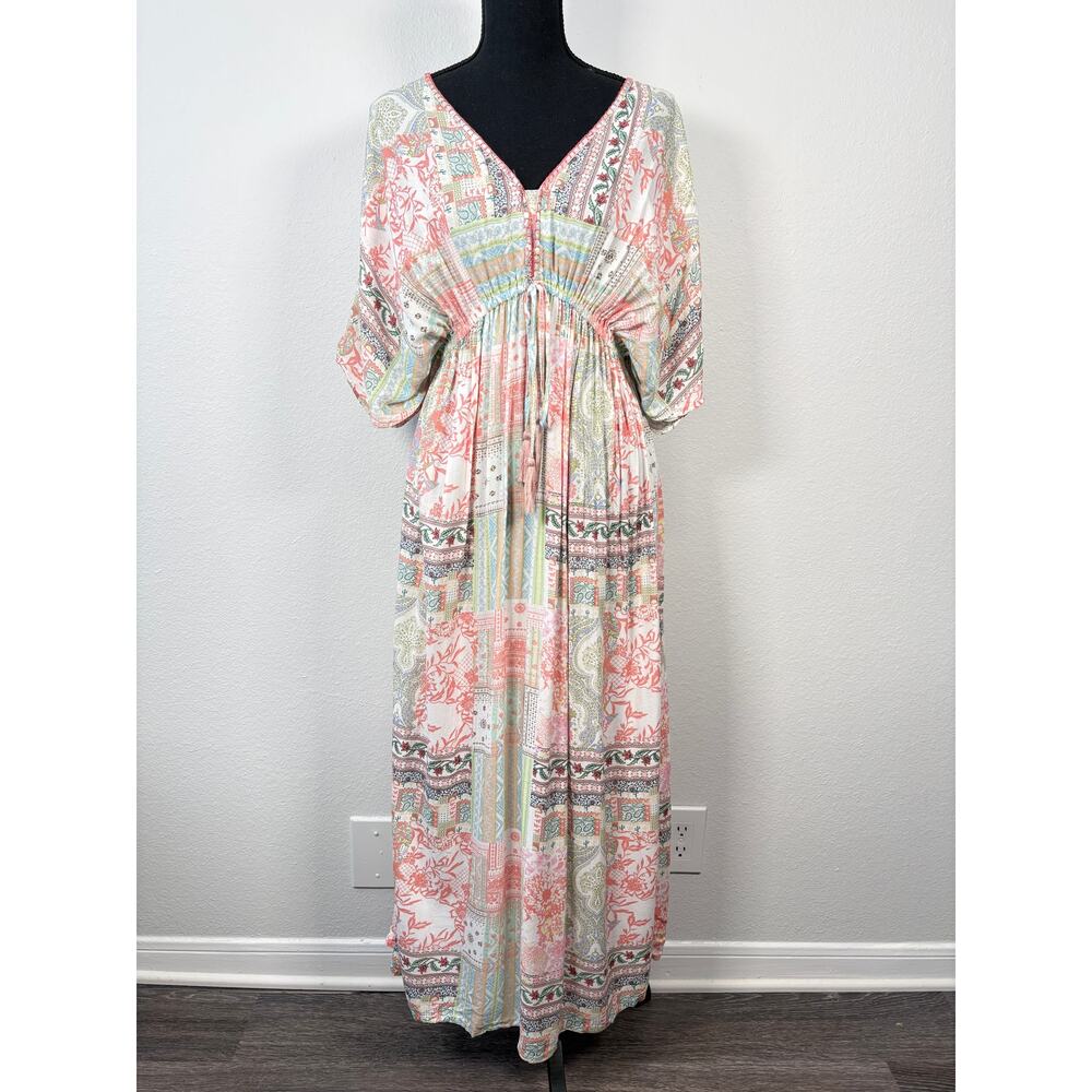 World Market Pastel Western Cactus Print Boho Dolman Sleeve Maxi Kaftan Dress